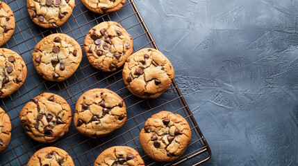 Freshly baked chocolate chip cookies sitting on a cooling rack. Copy space.