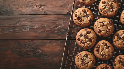 Freshly baked chocolate chip cookies cooling on a metal wire rack. Copy space.