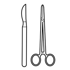 Surgical instrument: medical scissors and scalpel. Outline illustration on white background, design element