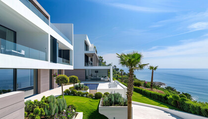 A contemporary coastal villa with sleek design and stunning sea views, captured on a bright and sunny summer day.