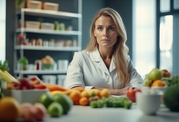 a photography of a woman sitting at a table with a lot of fruit and vegetables.