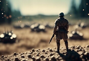 a photography of a toy soldier standing in a field of rocks.