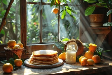 Stack of pancakes on a plate with citrus fruit and juice. Generated AI.