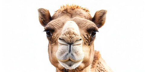 close up a Dromedary camel Bactrian camel funny Picture of a camel's face on a white background
