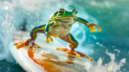 Surfing Toad on a Wave: a dynamic and amusing depiction of wildlife with elements of sport and adventure. - 793584034