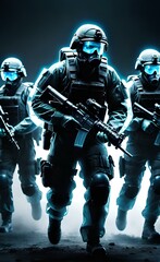 military special forces soldiers carrying or releasing a chronic virus for biological warfare or attack concepts with copy space area.