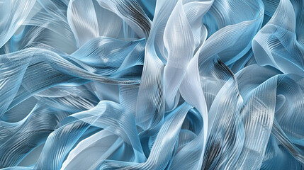 A seamless, flowing abstract pattern of icy blue and silver threads, woven together to create a frost-like appearance on a delicate fabric texture. - obrazy, fototapety, plakaty