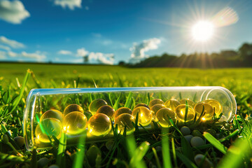Vitamin D concept with capsules over a sunny landscape. Generated AI.