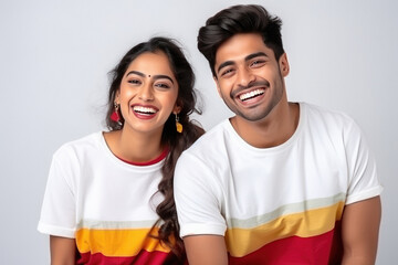 Naklejka premium Young indian couple standing together and giving happy expression.