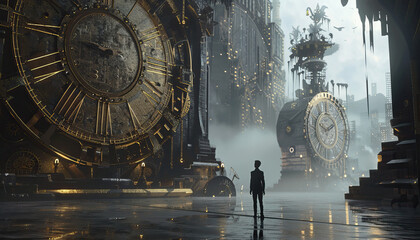 A man stands in front of two large clocks, one of which is missing a hand by AI generated image - obrazy, fototapety, plakaty