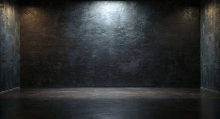 Grungy black concrete wall with textured light reflecting off a worn metal floor in a dark vintage interior