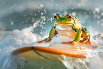 Surfing frog on a board amidst foamy waves - a picturesque wildlife scene with elements of fun and adventure. - 793585835