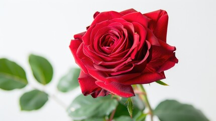 Stunning red rose in close up on white backdrop