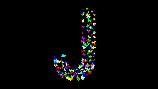 English alphabet J with colorful butterflies on plain black background