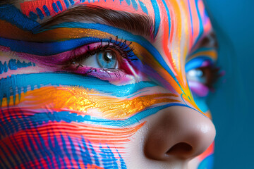 Vibrant Body Paint Art on Woman's Face with Intricate Details