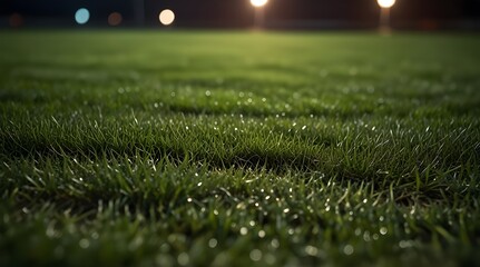 Naklejka premium Green grass macro in sports arena with lights background. Close up of soccer field lines. Background soccer lawn grass football stadium ground view.generative.ai 