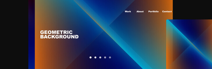 A geometric background featuring a gradient of electric blue and orange resembling a sky at dusk. The design includes rectangles, lens flares, and cloud graphics