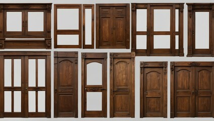 Assemblage of authentic antique wooden door frame sets, isolated on a transparent background with PNG cutout or clipping path options Generative AI