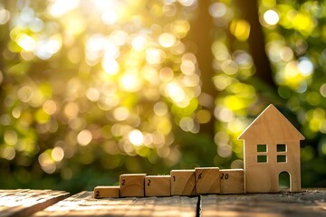 a simple house model on a wooden surface with a background of blurred trees and sunlight rays,