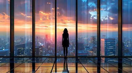a business person standing in a high-rise office with floor-to-ceiling windows overlooking a sprawling city skyline