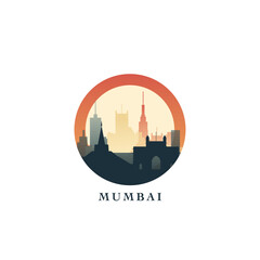 Mumbai cityscape, gradient vector badge, flat skyline logo, icon. India, Maharashtra state city round emblem idea with landmarks and building silhouettes. Isolated graphic