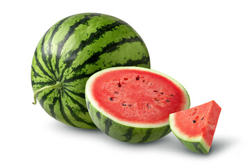 Whole and half watermelon isolated on a white background