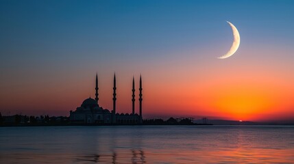 mosque at sunset and crescent moon above silhouette