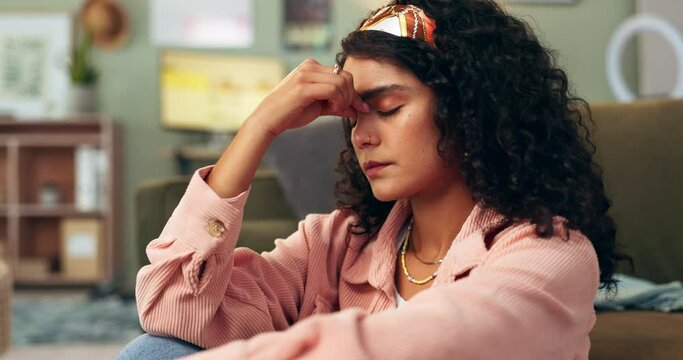 Woman, hand and headache pain in home for burnout fatigue or migraine, mental health or stress. Female person, couch and brain fog worry or dizzy vertigo with overworked distress, pressure or tension