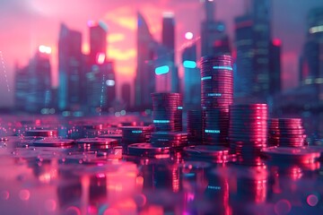 a stack of coins representing financial growth with a futuristic city skyline in the background