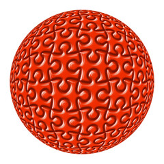 Red spherical jigsaw puzzle isolated on white background.	
