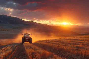 Fotobehang a vast agricultural landscape during sunset, Include a lone tractor meticulously working the land © antusher