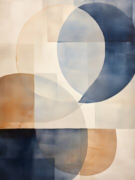 Mid Century Biege, Brown Sienna Navy Blue Dark brown black Bauhaus oil painting boho wall art HD Circles squares arches rectangles organic shapes abstract art Earth tones	