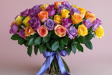 a vibrant bouquet of multi-colored roses, tied elegantly with a satin blue ribbon