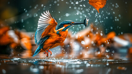 A kingfisher in flight getting fish from the water. Bright and dynamic wildlife shot with water droplets in the air. - 793588871