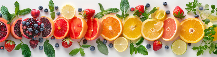 A stunning display of assorted fruits and vegetables arranged in a gradient of colors, resembling a vibrant rainbow, against a grey background with high-key lighting.
 - obrazy, fototapety, plakaty