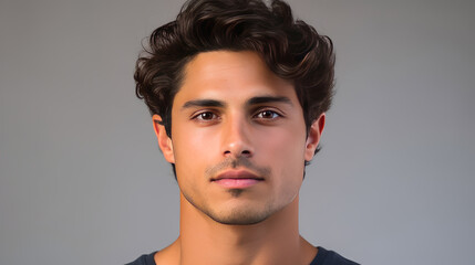 Fototapeta premium Portrait of an elegant sexy handsome serious Latino man with perfect skin, on a gray background.