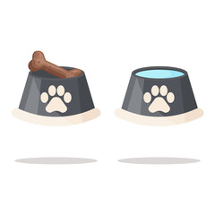 Dog bowls for dry food, water and chew bone isolated on background