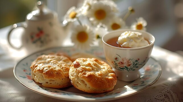 a cozy image of a classic afternoon tea setting with sunlight streaming in