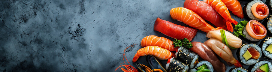 An exquisite arrangement of vibrant seafood delicacies including succulent salmon, juicy shrimp, tender mussels, and delectable sushi rolls, beautifully presented on a sleek dark slate background - obrazy, fototapety, plakaty