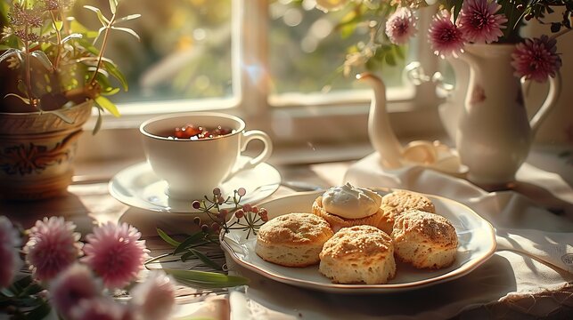 a cozy image of a classic afternoon tea setting with sunlight streaming in