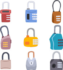travel lock set cartoon. airport combination, pad backpack, suitcase vacation travel lock sign. isolated symbol vector illustration © PikePicture