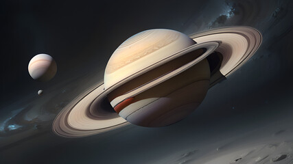 Saturn planet with rings in outer space among star dust and srars Titan moon seen
