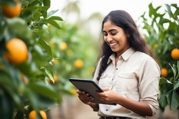 Fototapeta premium woman farmer working in orange farm and using digital tablet.