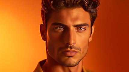 Portrait of an elegant sexy handsome serious Latino man with perfect skin, on an orange background.