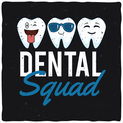 Fascinating vector illustration typography design "Dental Squad" against a sleek black canvas featuring visual appeal for dental health exudes the joy of a healthy smile.