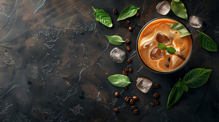 A cup of iced coffee filled with ice cubes, topped with cream, and garnished with fresh green mint leaves, top view. Copy space.