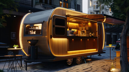 Mockup of modern coffee food truck with an open window on the side on a night city background.