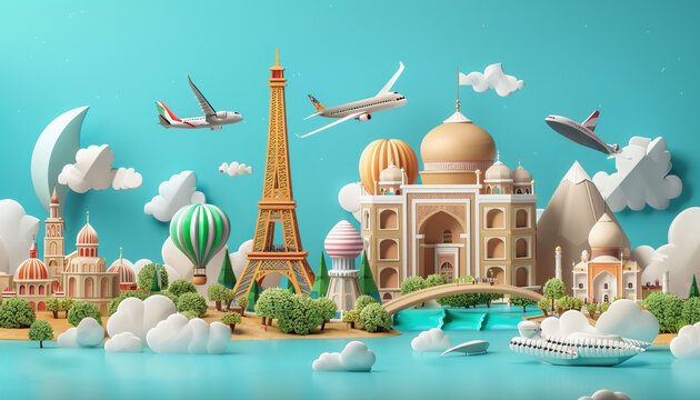 A colorful drawing of airplanes and buildings, including the Eiffel Tower by AI generated image