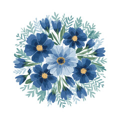 abstract floral background with blue flowers isolated on white, watercolor winter floral bouquet