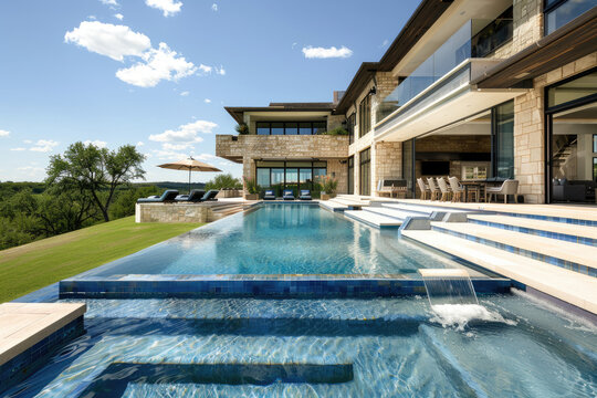 A large, modern home with an expansive pool and patio area in the Texas countryside. The house has multiple levels of windows overlooking the beautiful blue sky and green grass.